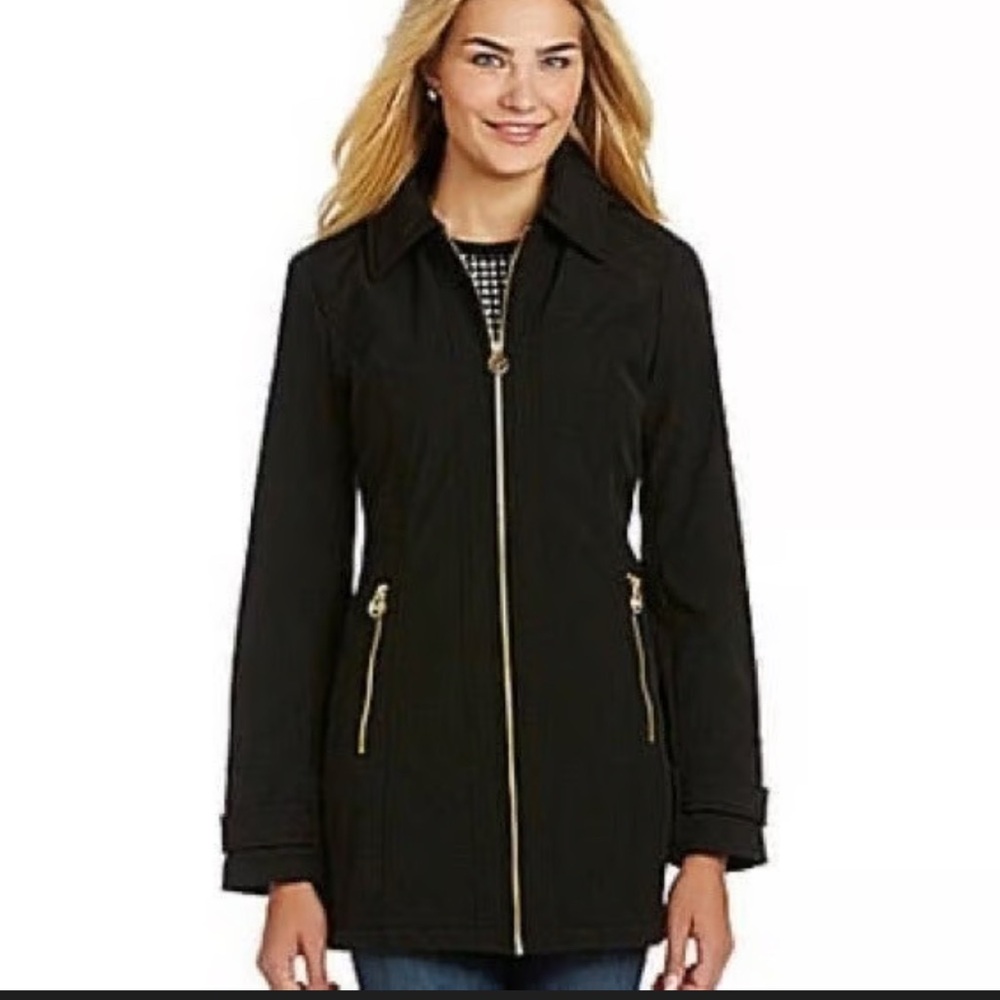 Michaels Black Trench Coat with Gold Accents